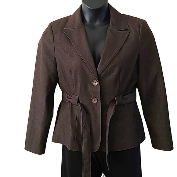 Excellent Platinum Larry Levine Brown Belted Blazer Jacket Women’s Size 8 - Picture 2 of 6